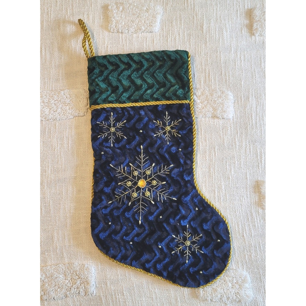 Holiday Style Blue Green Velvet Beaded Snowflake Christmas Stocking Gold Trim